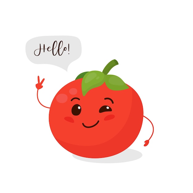 Tomato says Hello Cute Tomato Isolated on White Background Funny Smiling Tomato Vector Design Template for Banner Card Tshirt Print Kids Children Baby Vegan Vegetarian Food Concept