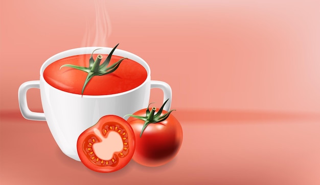 Tomato soup package realistic, instant soup, natural product, fresh tomatoes, isolated packaging