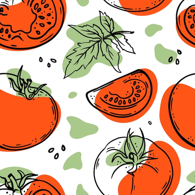 Tomatoes and slices sketches with red and green color splashes on white background