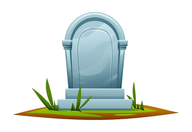 Vector tombstone with curved top in grassy grave gravestone in cemetery vector cartoon illustration