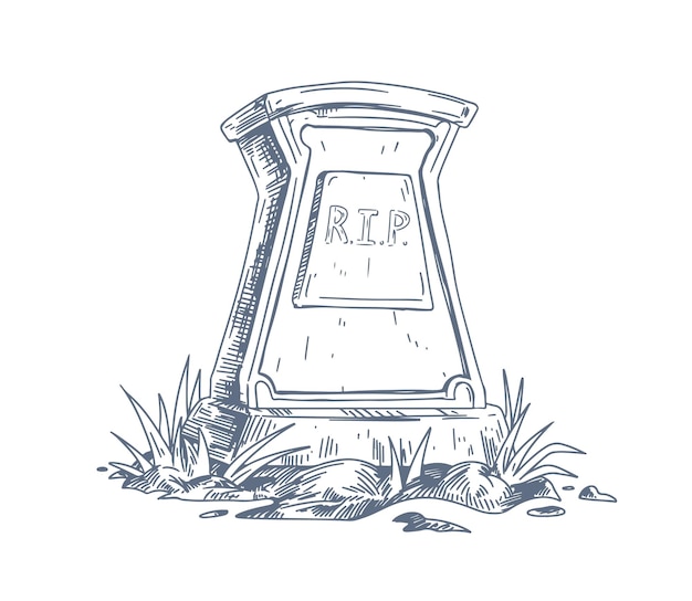 Tombstone with RIP inscription. Rest in Peace on gravestone. Sketch of headstone of tomb drawn in vintage style. Cemetary funeral art. Drawing vector illustration isolated on white background.