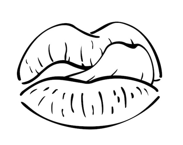 The tongue licks the lips Open mouth tongue touching lips Female tongue liking lips sketch