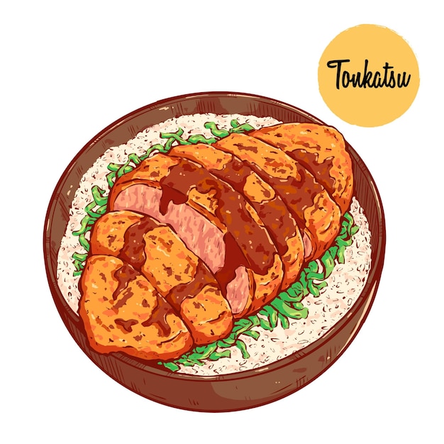 Tonkatsu japanese food vector illustration. Delicious asian food colored hand drawing