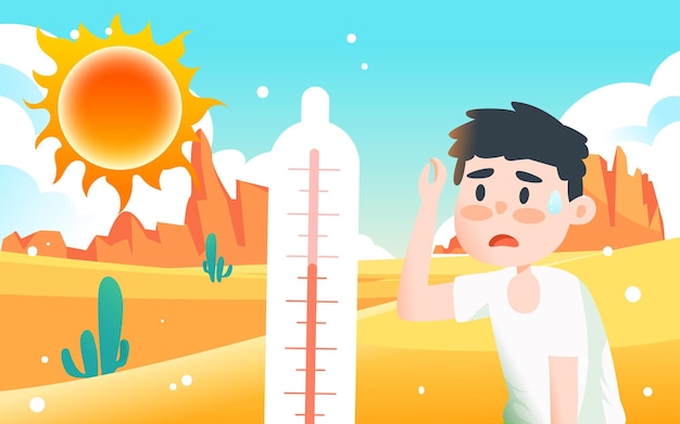 Too hot in summer character heat stroke high temperature warning hot summer day vector