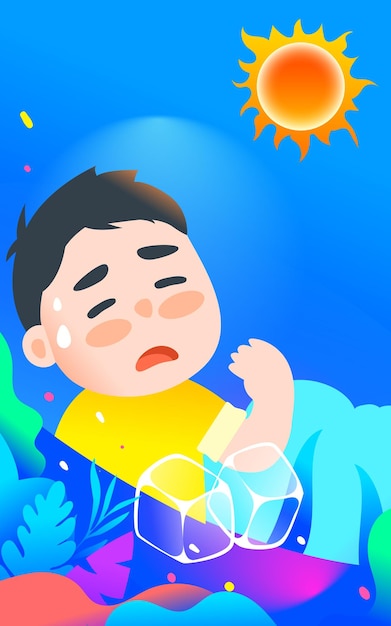 Too hot in summer character heat stroke high temperature warning hot summer day vector