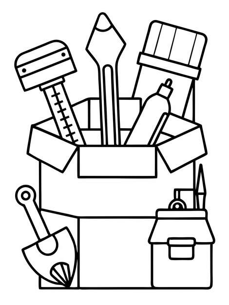 Tool and box colouring book pages for children and adults with vector design