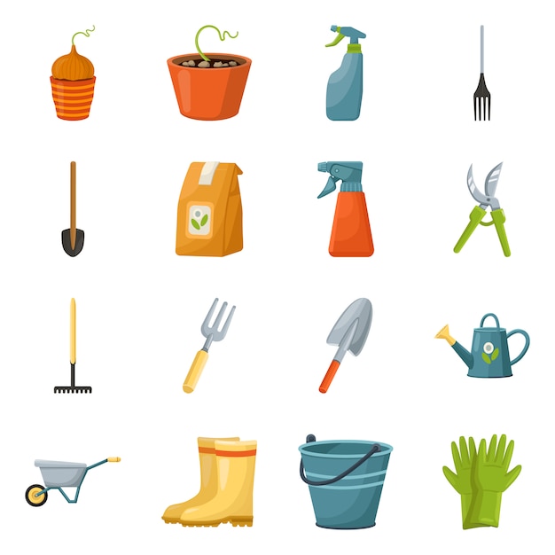 Tool of gardening cartoon elements. Set isolated illustration shovel.pack and equipment for farm. set of elements gardening equipment. 