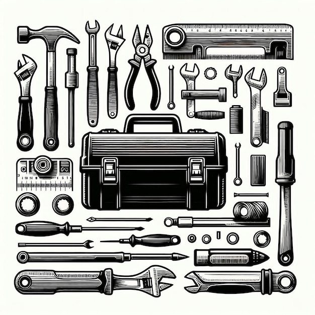 Vector tool kit silhouette line art vector illustration on white background