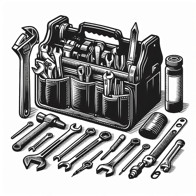 Tool kit Silhouette line art vector illustration on white background