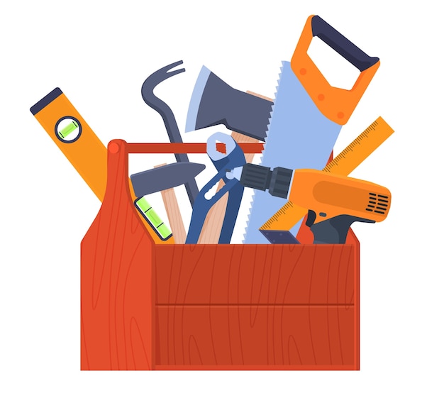 Tool storage box. Tools at hand. Hand tools wrenches, ax, saw, crowbar, screwdriver. Home renovation. Vector illustration