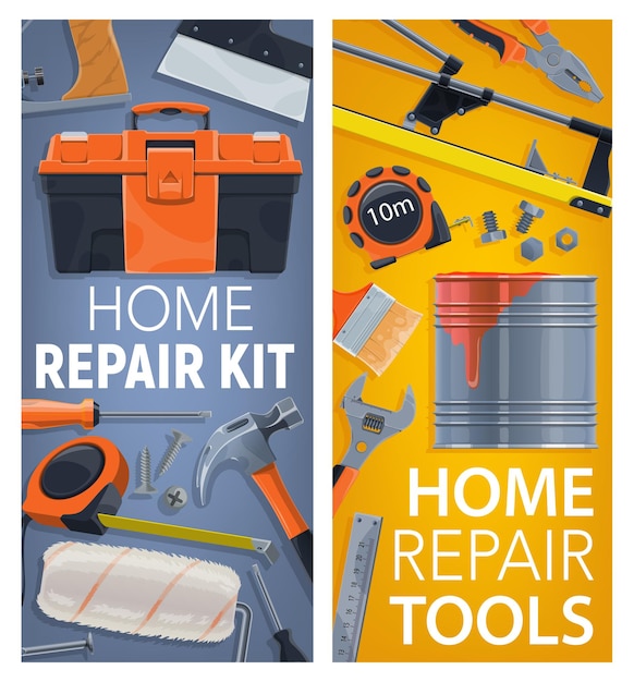 Toolbox, measuring tape and hammer, tile cutter, paint brush roller and spanner wrench, nail, bolt and screw, spatula