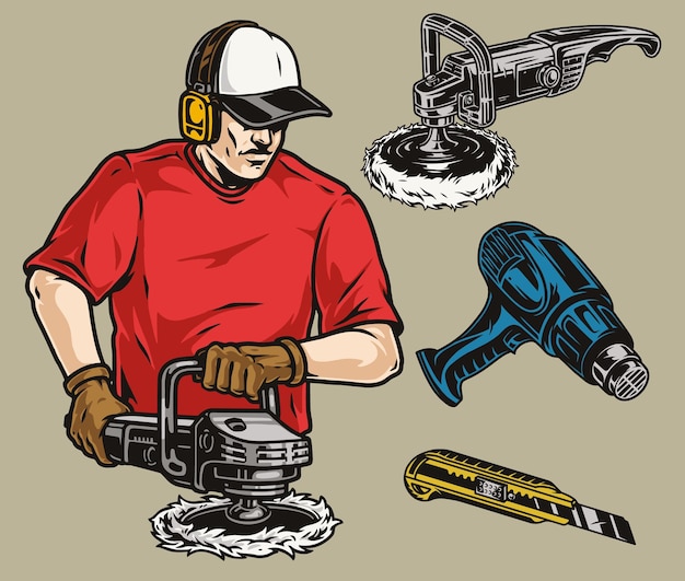 Vector tools of buffing worker colorful elements set