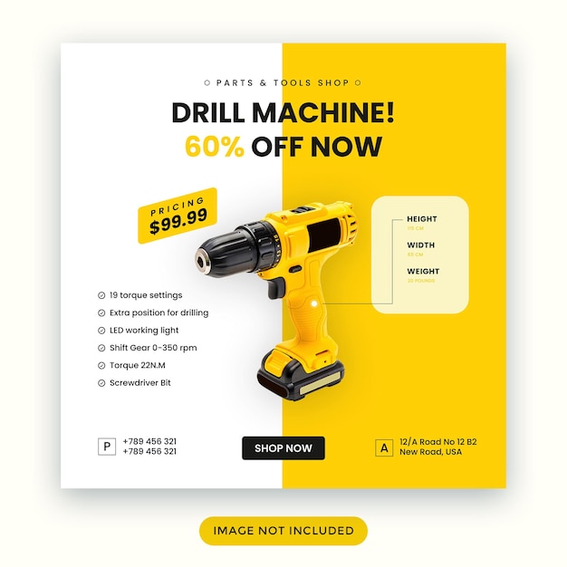 Tools shop drill machine social media post banner template