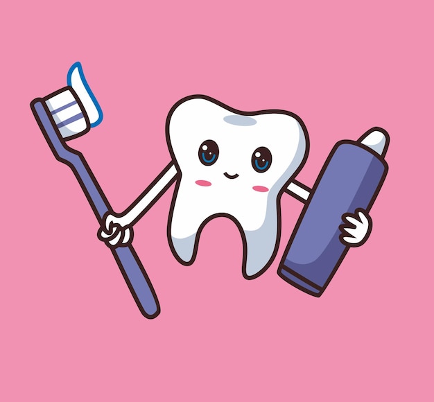 Tooth character brings toothbrush and toothpaste cartoon illustration