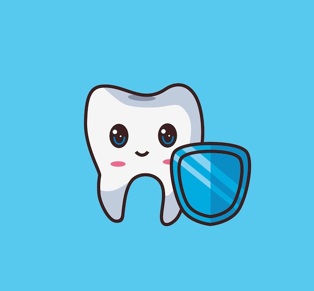 Tooth character holding shield cartoon illustration