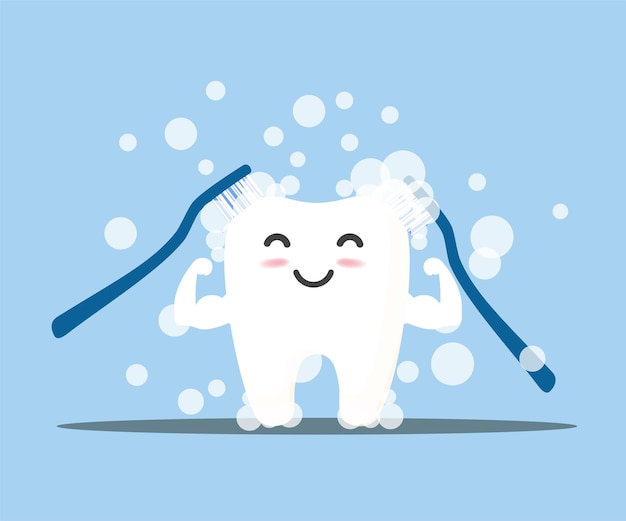 Tooth cleaning. Happy smiling tooth character.