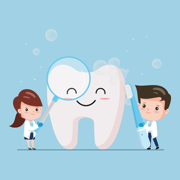 Tooth cleaning. Teeth characters before and after whitening. Dentist clear and clean teeth.