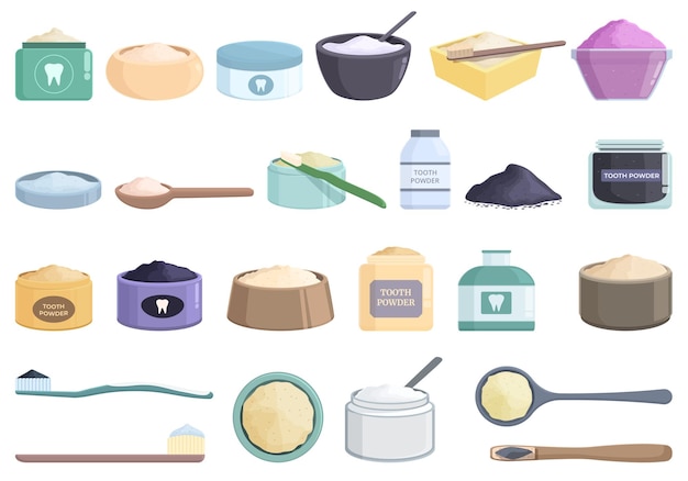 Tooth powder icons set cartoon vector Health dentist