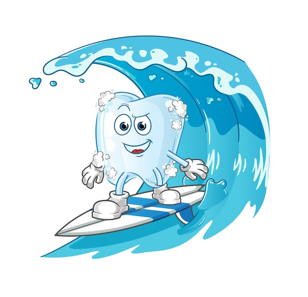 Tooth with foam surfing character. cartoon mascot vector