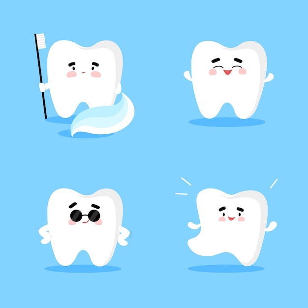 Tooth with toothbrush smiling and dancing, oral hygiene rules in cartoon flat style