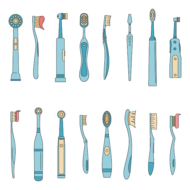 Toothbrush dental icons set Outline illustration of 16 toothbrush dental icons thin line color flat on white