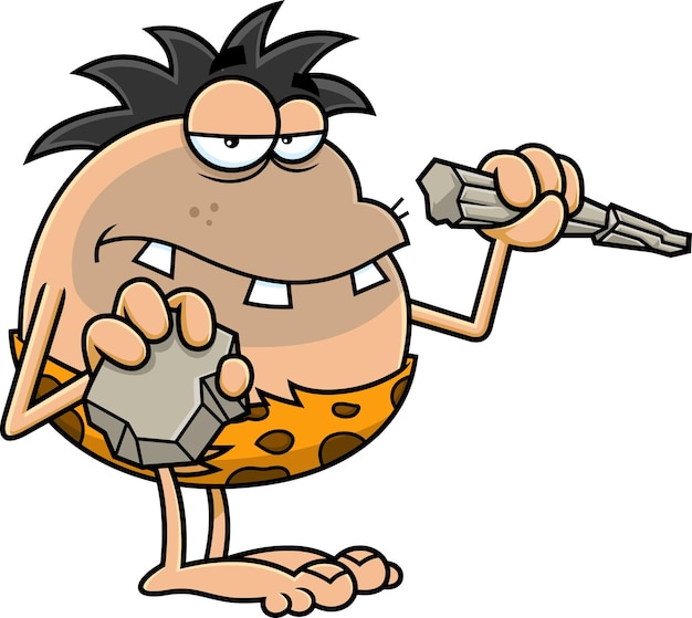 Toothy Caveman Cartoon Character Ready To Writing Vector Hand Drawn Illustration