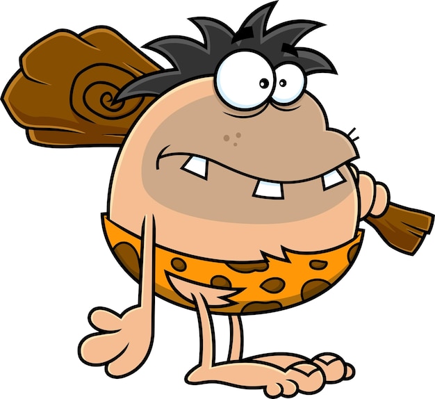 Toothy Caveman Cartoon Character With Club On His Shoulder