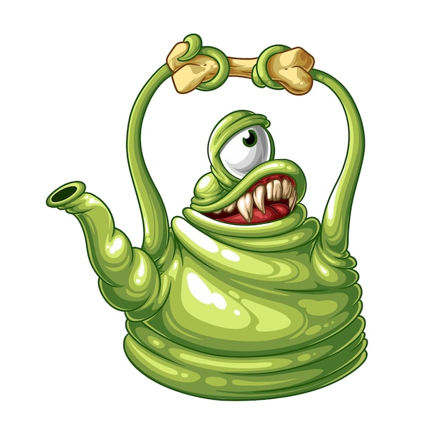 A toothy green monster teapot with a bone