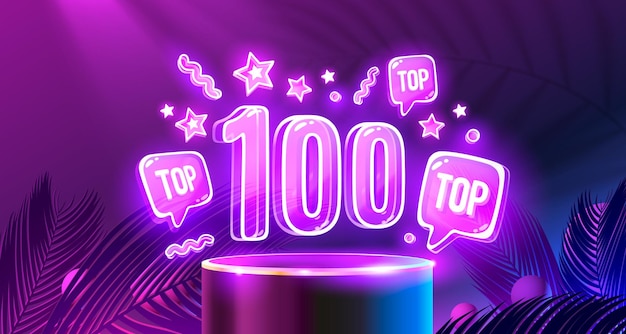 Top 100 neon podium award best banner Vector