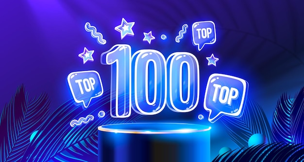 Top 100 neon podium award best banner Vector