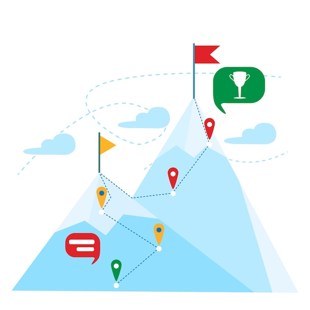 Top of the mountain with red flag. Business leadership success concept. Mountain landscape. Gps navigation. Vector illustration.