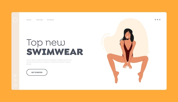 Top New Swimwear Landing Page Template Woman Posing in Onepiece Swimsuit with Deep Neckline Young Sexy Female