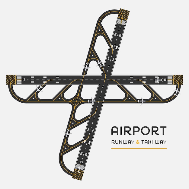 Top view of airport runway and taxi way with airplane vector illustration