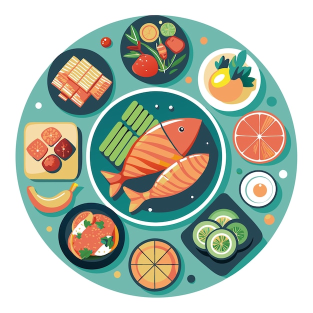 Vector top view of assorted healthy breakfast dishes including fish fruit and vegetables