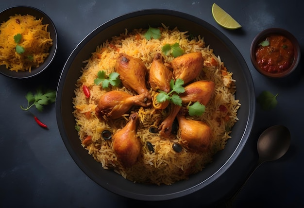 Top view of a beautifully arranged plate of Biryani