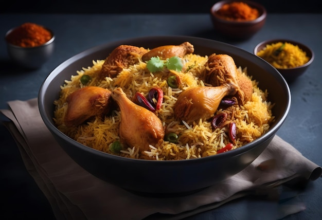 Top view of a beautifully arranged plate of Biryani