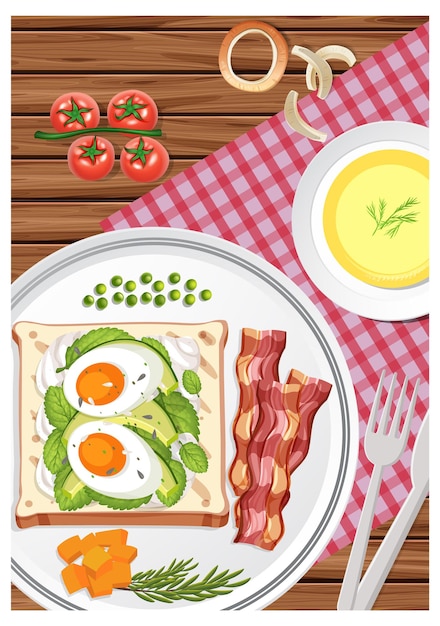 Top view of breakfast set in a dish with a cup of tea on the table