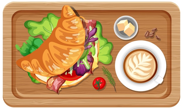 Top view of breakfast on a wooden tray