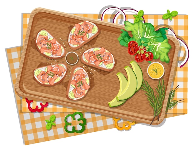 Top view of bruschetta on a wooden tray