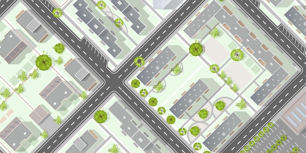 Top view of the city Plan of town with crossroads houses roof park Cityscape aerial landscape from above Background town map Vector Landscape design plan Highly detailed country map