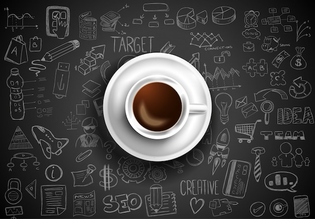 Top view of coffee on table with infographic sketches