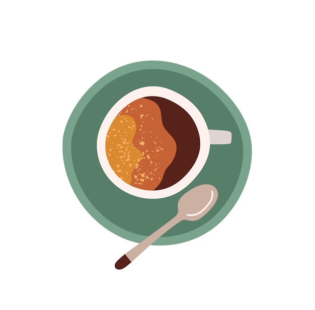 Top view of cup with saucer and tea spoon. Coffee break icon. Colored flat vector illustration of americano or espresso with foam isolated on white background.