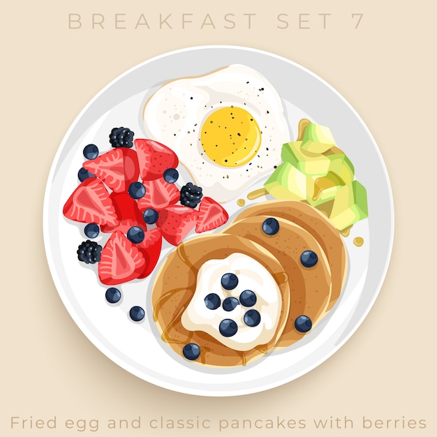 Top view of delicious breakfast set isolated on beige background :  Illustration