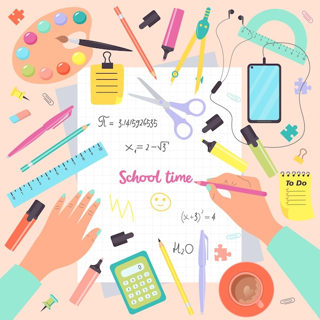 Top view of desk with human hands writing in notebook and school supplies set of school objects