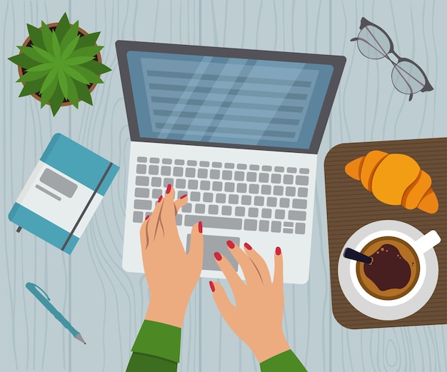 Top View Of Desk Woman Working With Laptop Coffee And Croissant Vector Illustration In Flat Style