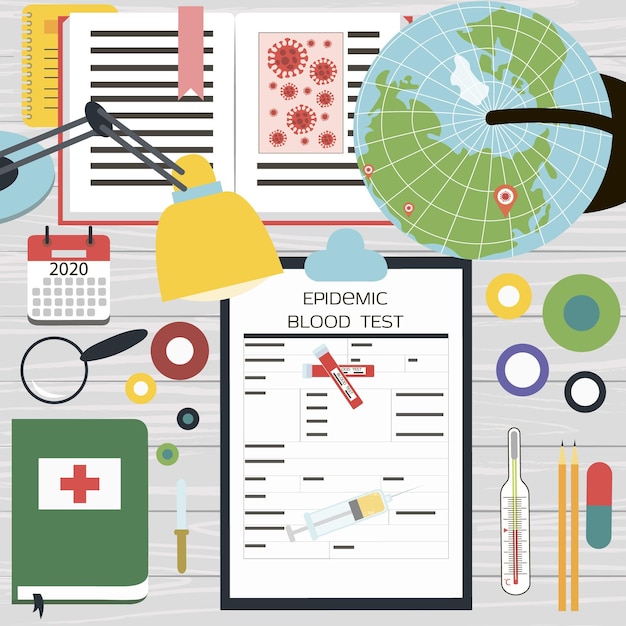 Top view of a doctor s desk patient test for the coronavirus pills and thermometer vector illustrati