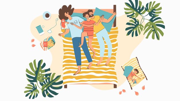 Vector top view of family sleeping on bed at home