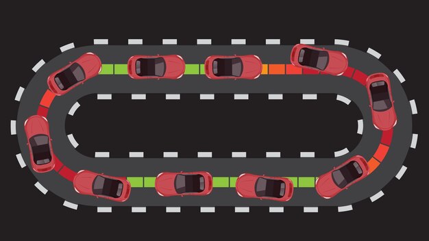 top view flat cartoon of car vehicle in curve and danger road