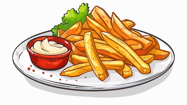 Top View of French Fries on Plate with Sauces