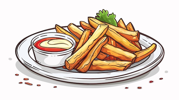 Top View of French Fries on Plate with Sauces